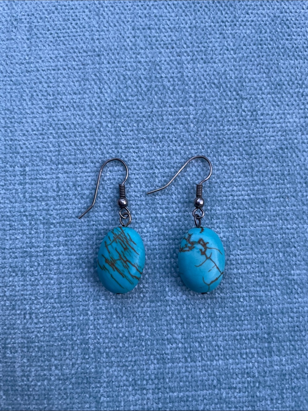 Turquoise Drop Stone Earrings - Blue Oval Dangle Earrings
